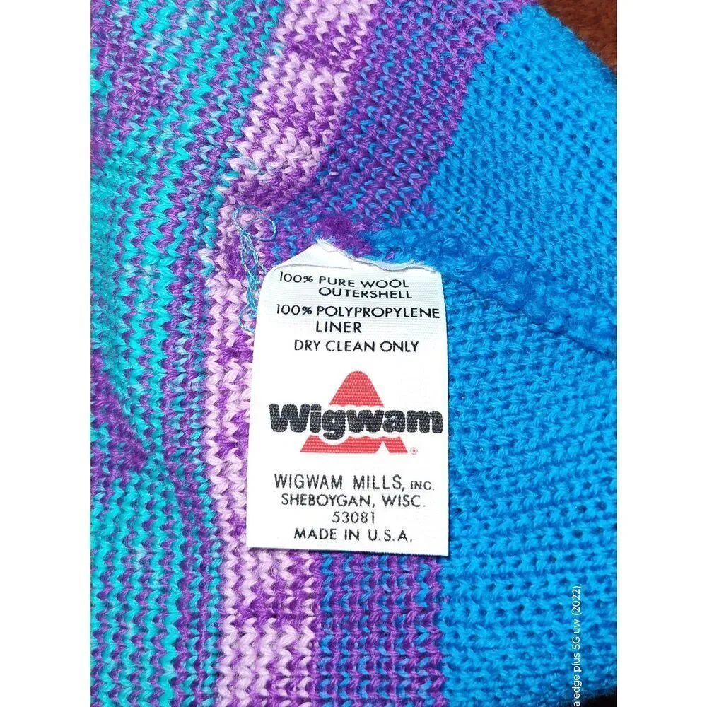 Wigwam Hat Cap Alpine Womens Purple blue Wonder Wick Wool Beanie Made USA Winter